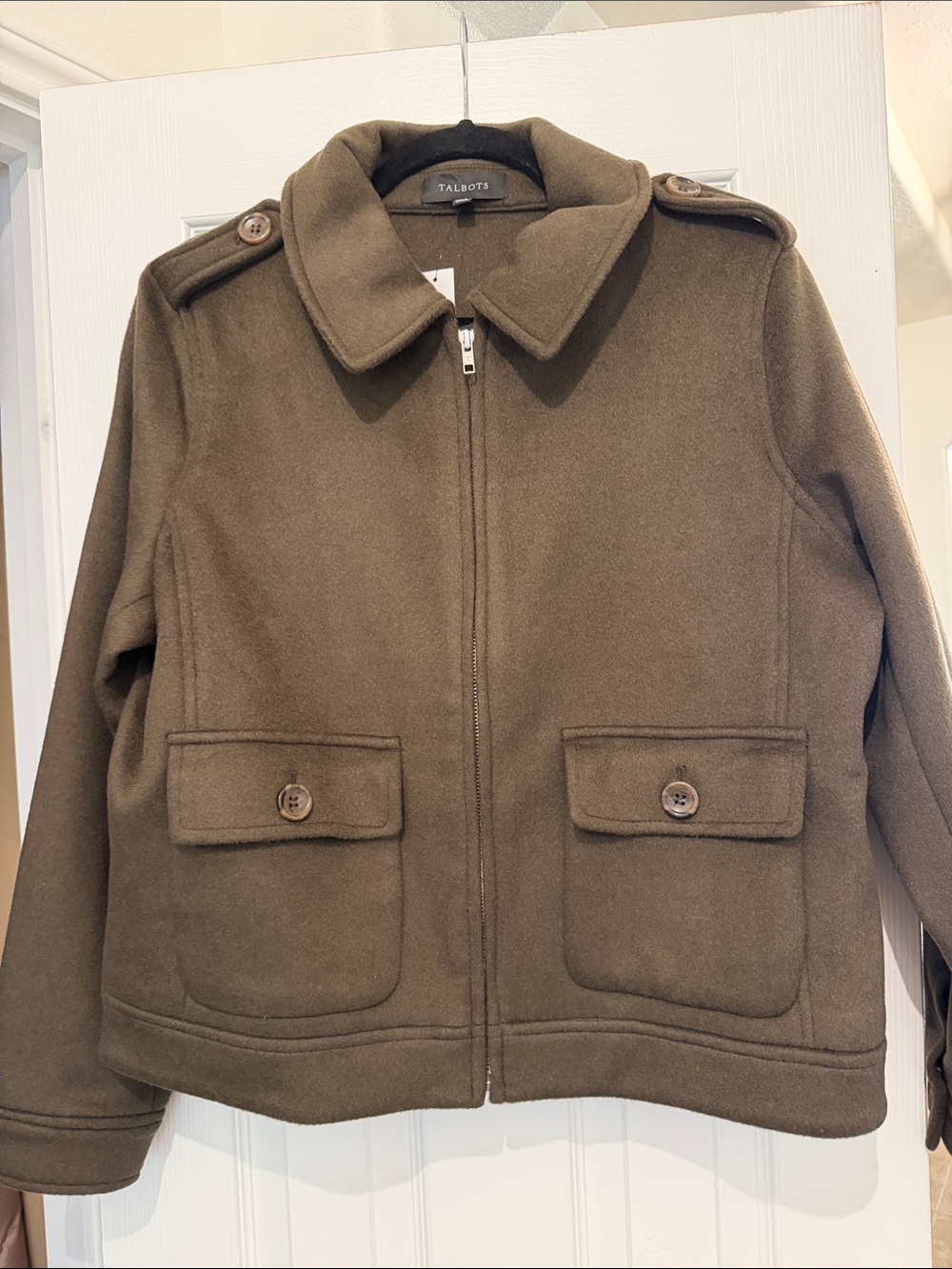 Talbots Olive Green Wool-Blend Zip Jacket with Button Flap Pockets